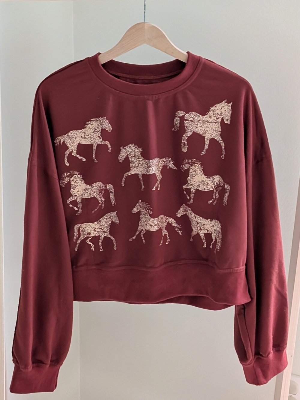 Vintage Autumn Horse Print Long-Sleeve Knit Crewneck Top In Rust - XL